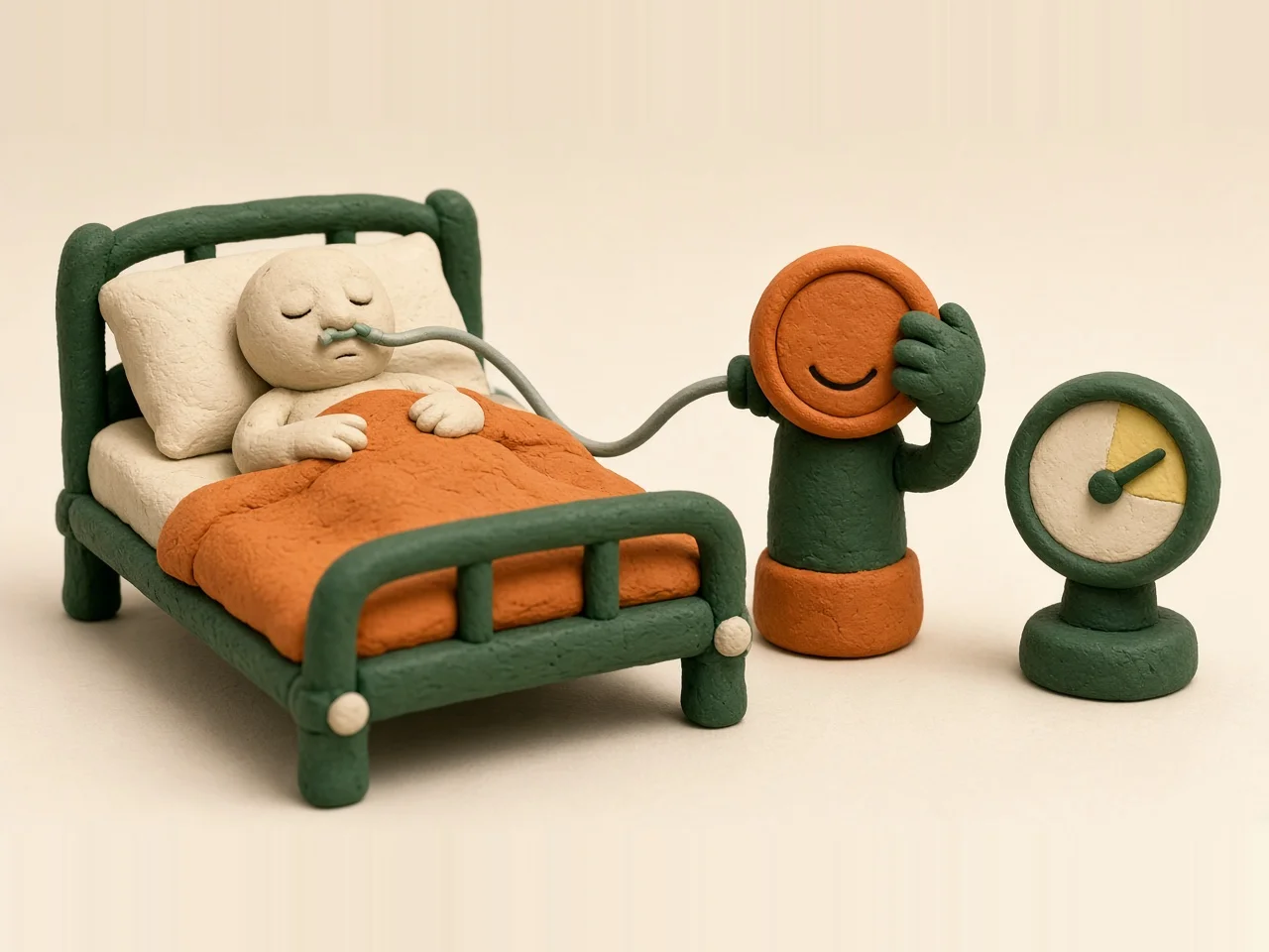 Clay stop-motion scene: a calm clay patient asleep in a green hospital bed, linked by oxygen tubing to an orange clay dial with a sculpted smile, beside a gauge whose needle sits near a yellow target band; conceptual illustration.