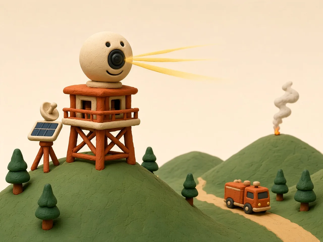 Clay stop-motion scene: on a soft green clay mountaintop stands an old orange-and-cream clay fire lookout tower, with a small tripod of solar panels beside it; a round cream clay camera on the tower, the only smiling face in the scene, looks out across the valley at a thin wisp of cream smoke rising from a far ridge, while a little orange clay fire engine already heads down a winding road toward it; conceptual illustration.
