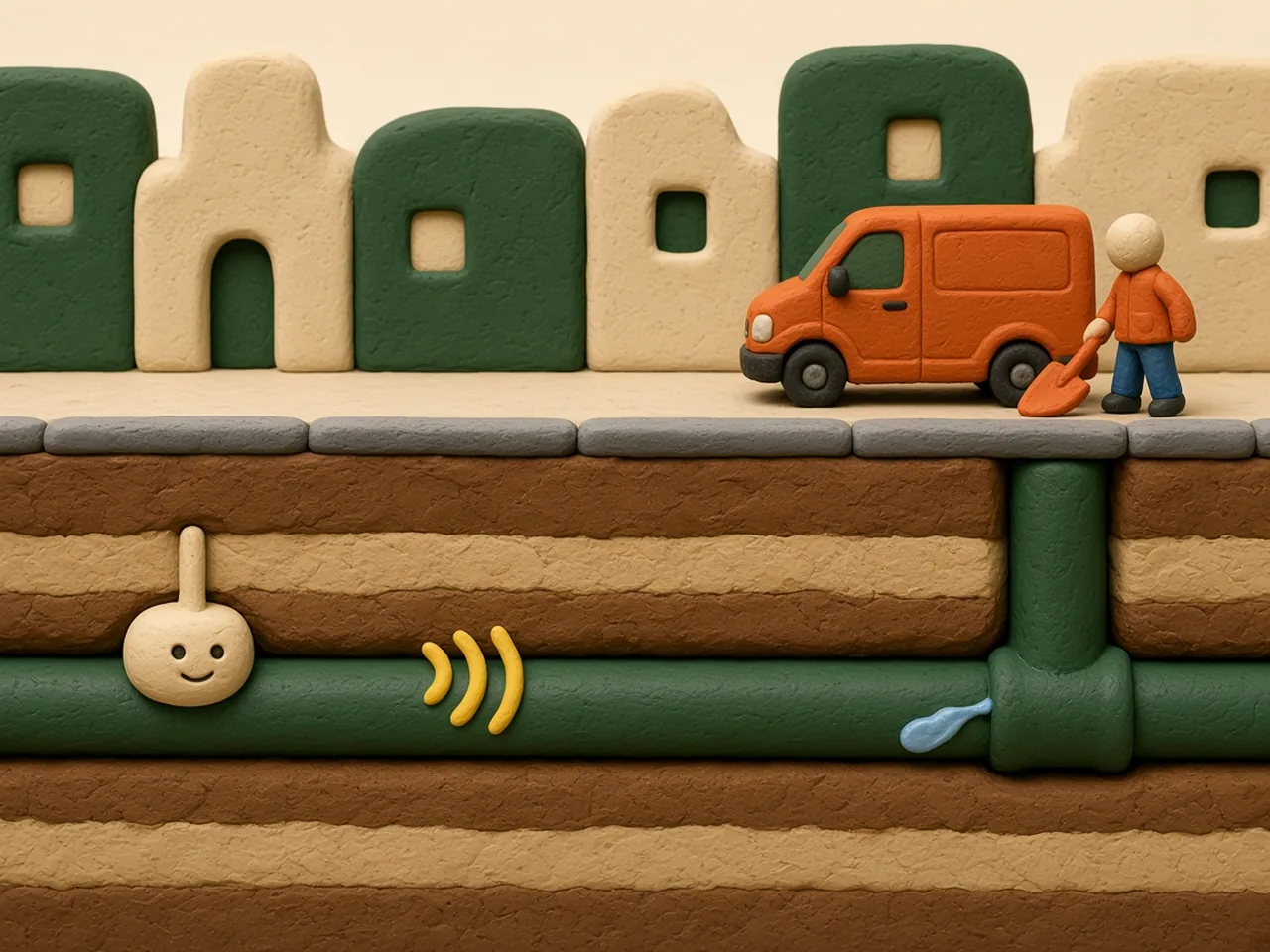 Clay stop-motion scene: a cutaway of a quiet cream clay street shows a forest-green water pipe running underground; a small round cream clay listening sensor clamped to the pipe, the only smiling face in the scene, has its little eyes turned toward a tiny bead of water escaping from a pipe joint, with soft yellow sound ripples between them, while above ground a little orange clay repair van has already pulled up over the spot; conceptual illustration.