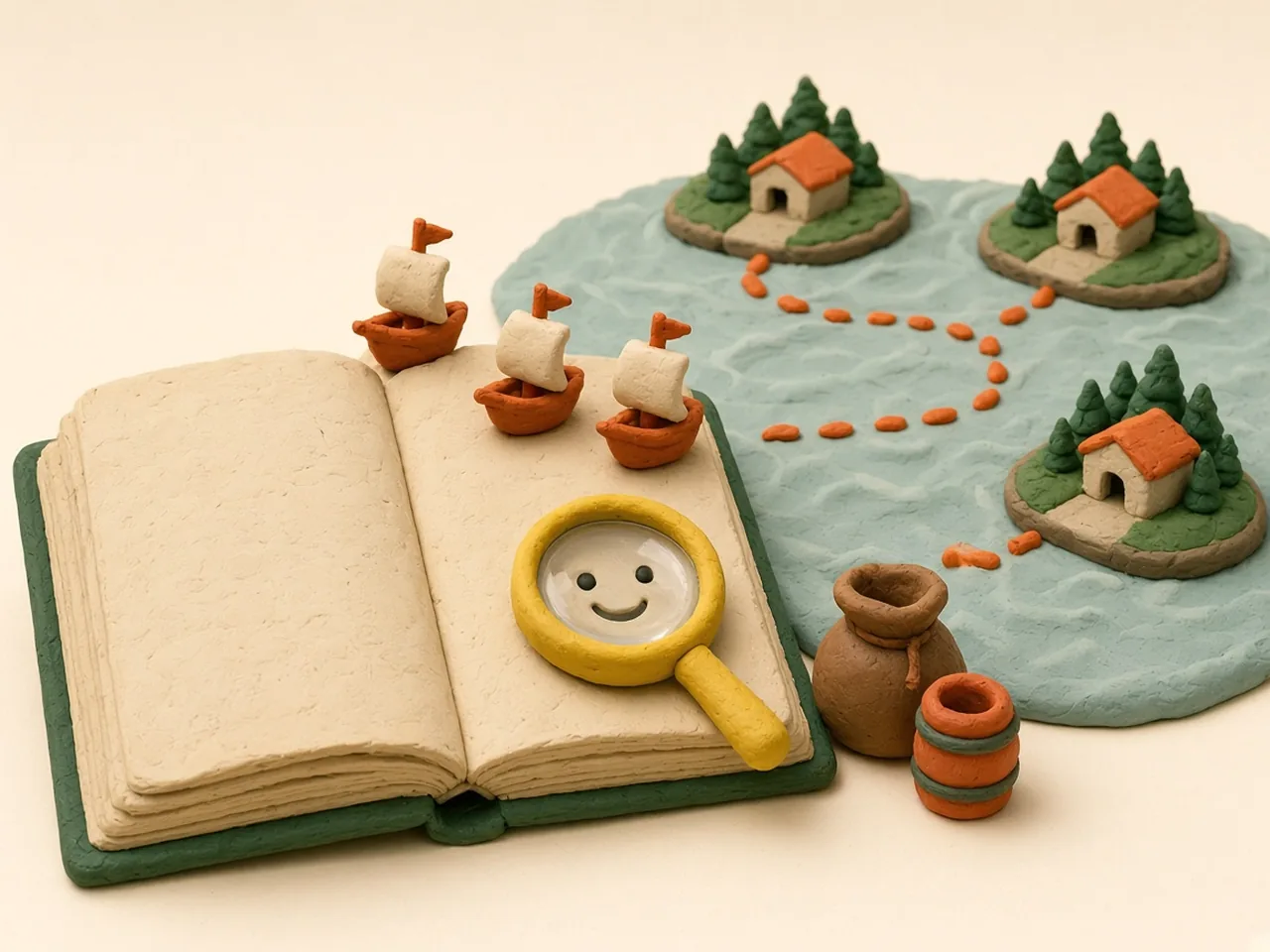 Clay illustration of an open handmade clay ledger book with blank cream pages on a tabletop, with a small yellow clay magnifying glass resting over it, the only smiling face in the scene. Little clay sailing ships rise from the pages and sail along orange clay routes across a cream clay sea to tiny forest-green clay harbours.
