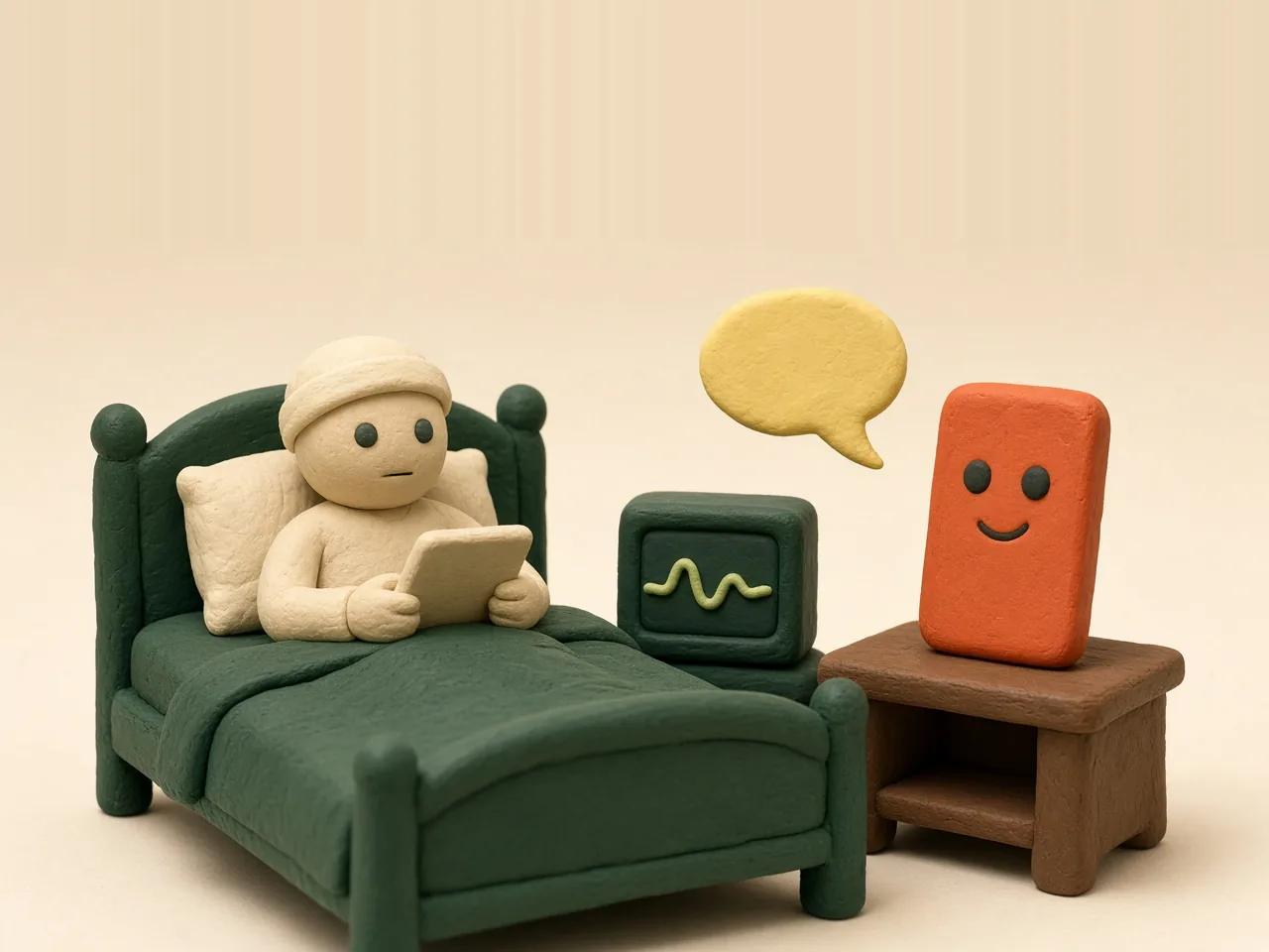 Clay stop-motion scene: a clay patient sitting up in a forest-green hospital bed wearing a soft cream headband and holding a tablet, a green monitor showing a gentle wavy line, and a smiling orange clay phone on a bedside table with a yellow speech bubble between them; conceptual illustration.