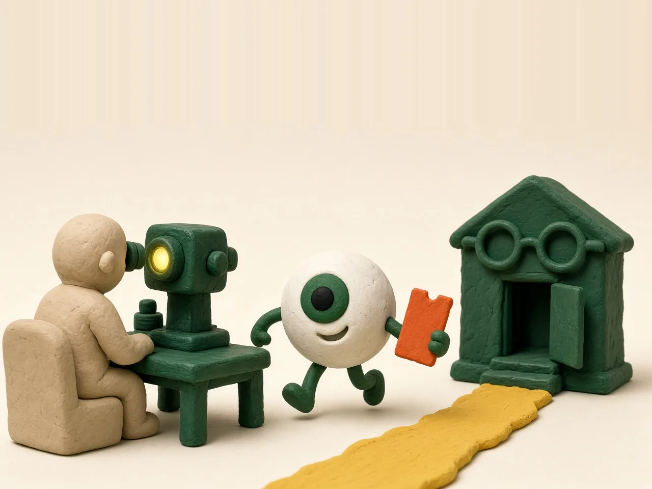 Clay stop-motion scene: a forest-green clay retinal camera on a cream table, and an orange clay referral card with eyes and a smile standing on a yellow clay path that leads to a small clay eye clinic; conceptual illustration.