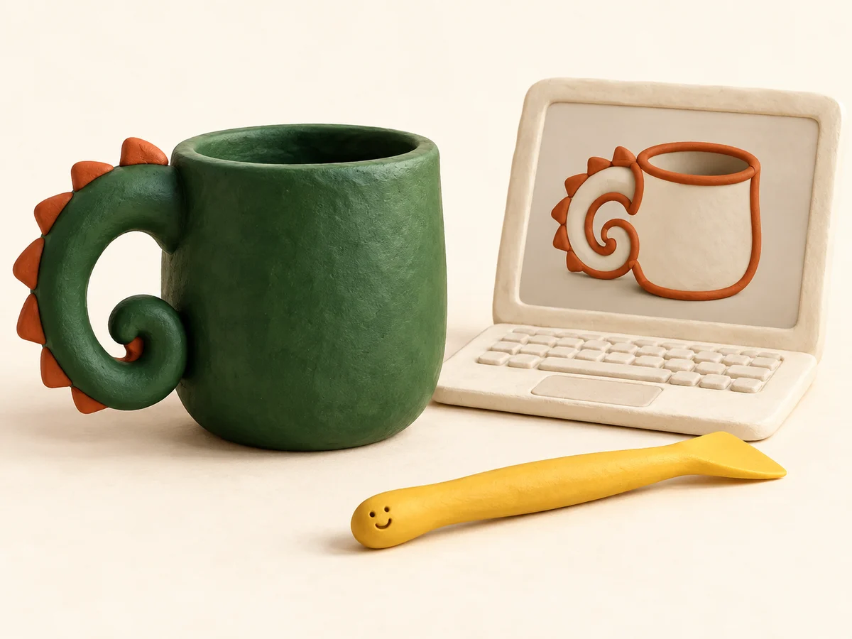 Conceptual clay dragon-tail mug beside a laptop design and yellow modeling tool. A tiny smile is impressed into the tool handle.
