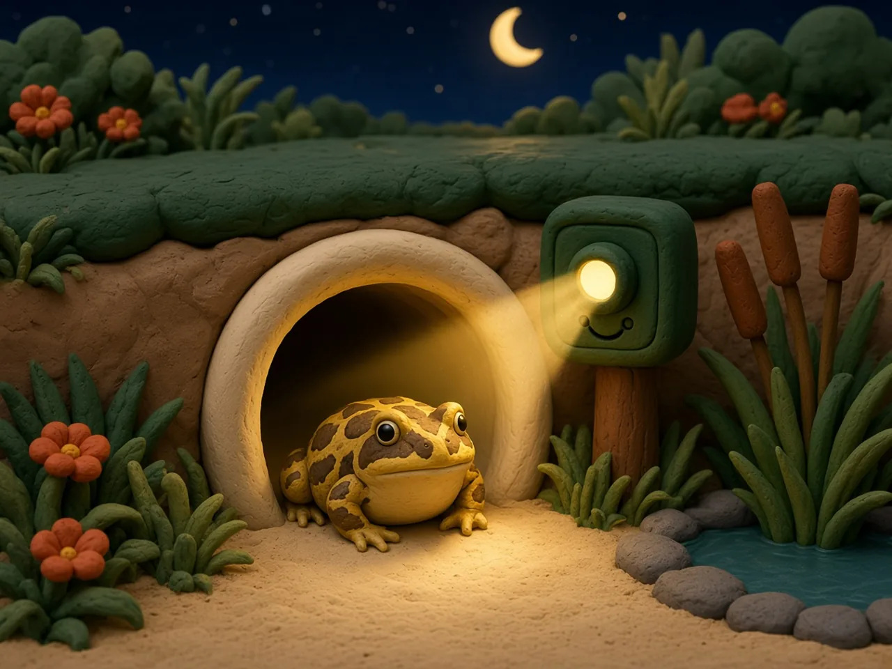 Clay illustration of a small spotted yellow-and-brown toad crawling through a cream clay tunnel under a dark green road at night, while a little forest-green clay camera at the tunnel mouth, the only smiling face in the scene, shines a soft yellow beam on the toad; reeds and a pond sit behind.