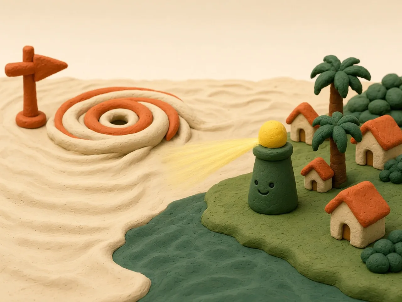Clay illustration of a small handmade clay coastline with a curving forest-green shore, a few faceless clay beach houses and palm trees, and a swirling cream-and-orange clay hurricane over a cream clay sea. On the shore stands a little forest-green clay weather station with a yellow beacon, the only smiling face in the scene, shining a yellow clay beam that points straight to the spot where the storm is heading, while a faded clay arrow points off to the left.