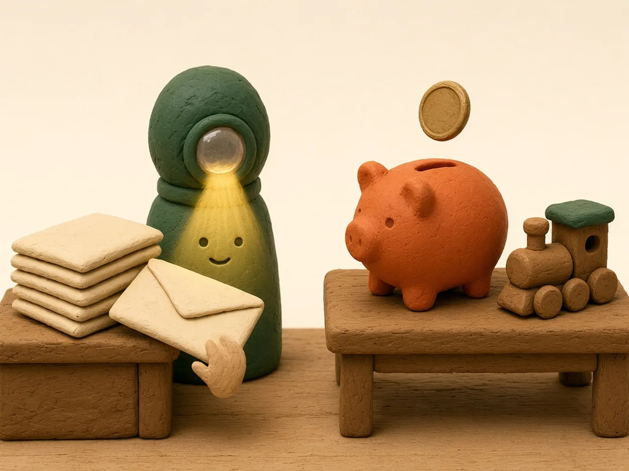 Clay illustration of a little forest-green clay scanner with a glowing lens, the only smiling face in the scene, standing beside a stack of clay envelopes while a small clay hand catches one envelope before it falls; across the room an orange clay piggy bank sits on a wooden table next to a toy train as a coin drops into it.