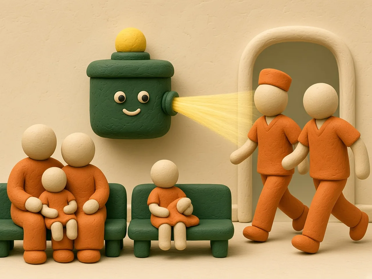 Clay stop-motion scene: a cozy cream clay children’s hospital waiting room with forest-green benches where a few faceless clay parents sit with small children; on the wall, a small rounded green clay forecast lantern with a yellow beacon, the only smiling face in the scene, has its little eyes turned toward a doorway, where a faceless clay nurse and doctor in orange are hurrying in to help; conceptual illustration.