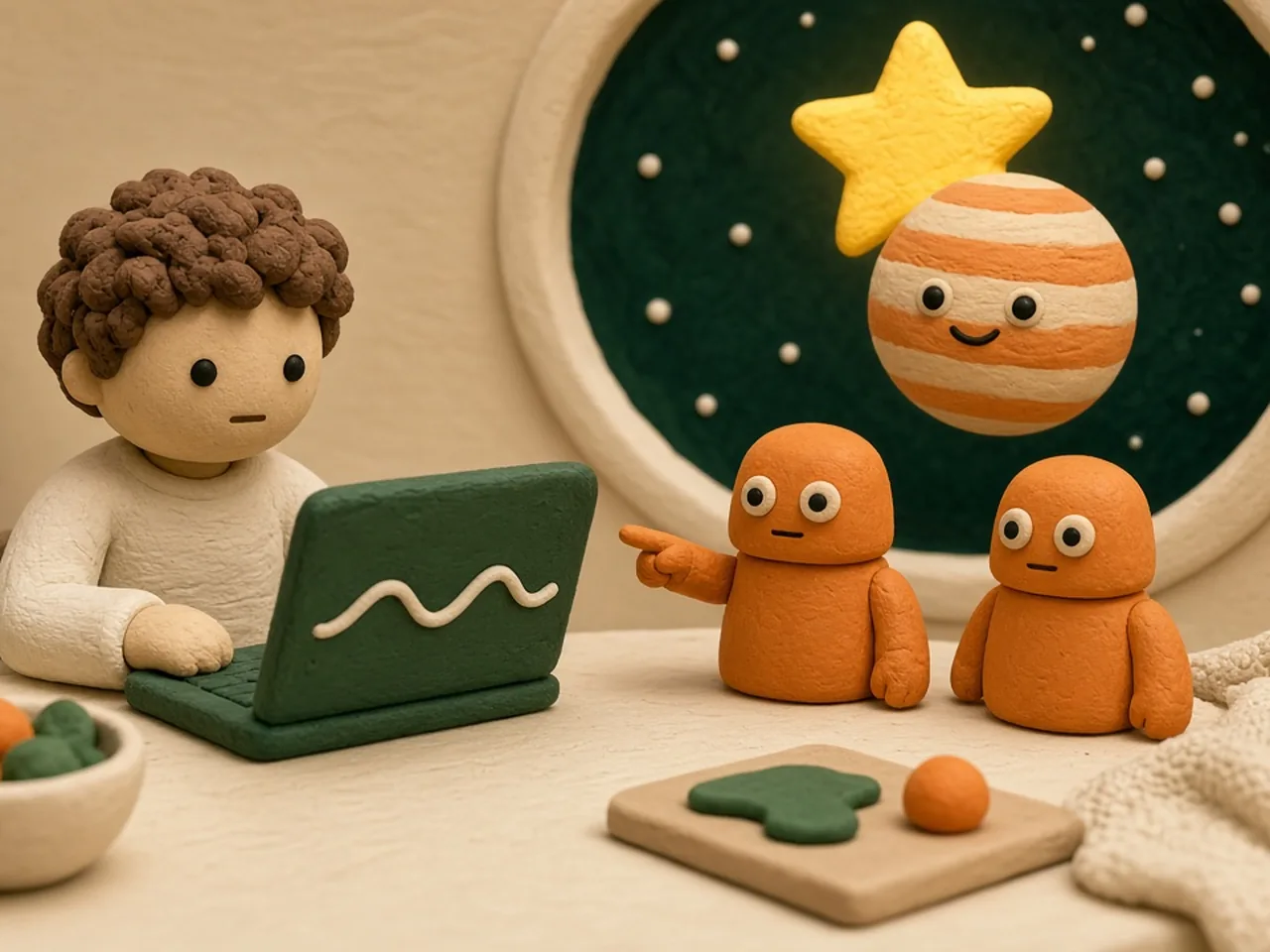 Clay stop-motion scene: a calm clay hobbyist at a cream desk with a forest-green laptop showing a simple wavy line with one dip, two small clay robot helpers with round eyes beside him, and through a round window a small orange clay planet with eyes and a smile passing in front of a big yellow star; conceptual illustration.