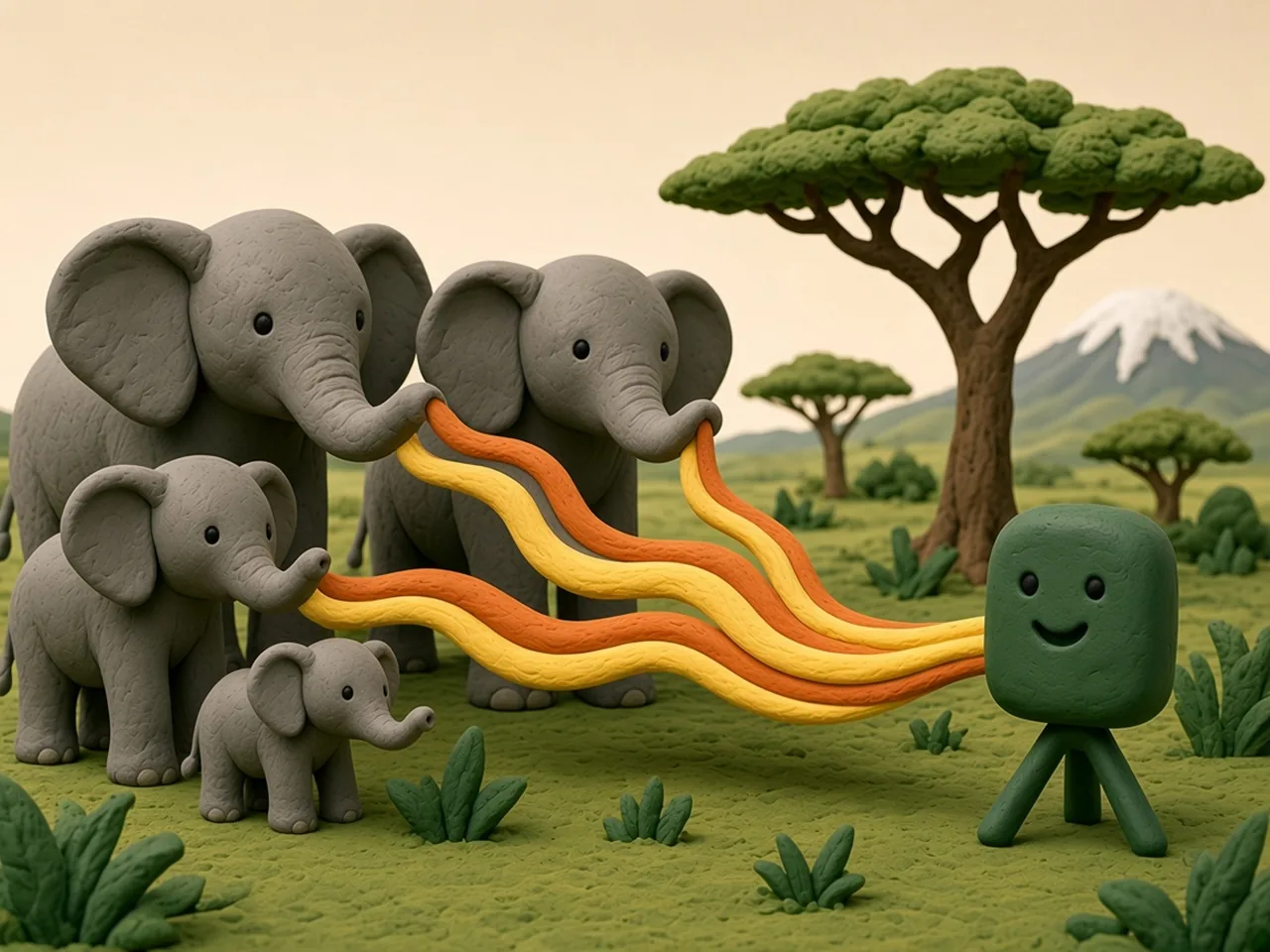Clay illustration of a family of four grey elephants on a savanna, with braided yellow and orange sound ribbons flowing from their trunks to a smiling green recorder on a tripod, an acacia tree and a snowy mountain behind.