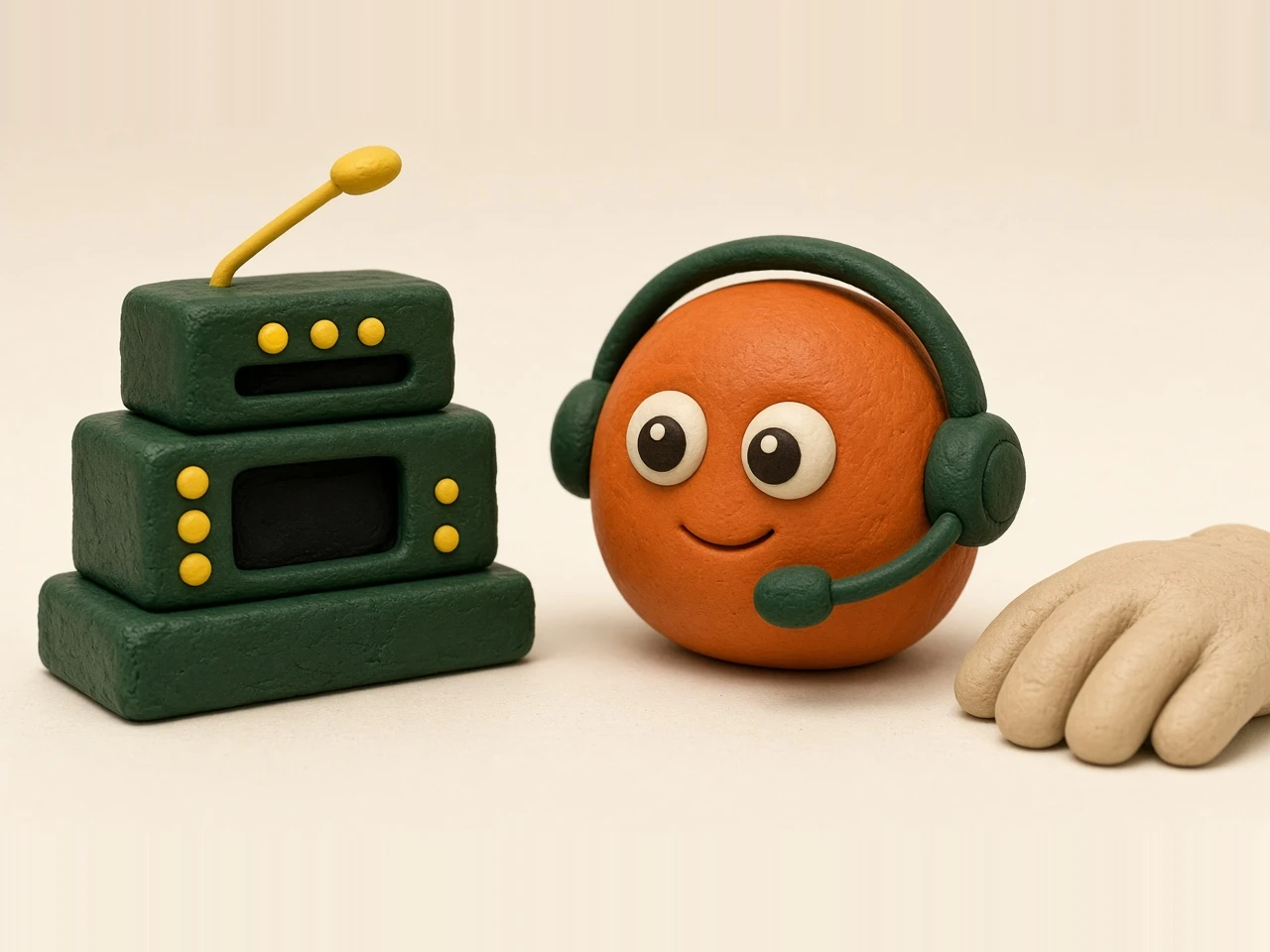 Clay stop-motion scene: an orange clay assistant with eyes and a smile wears a forest-green headset beside a green dispatch console with yellow buttons; a calm clay hand rests nearby; conceptual illustration.