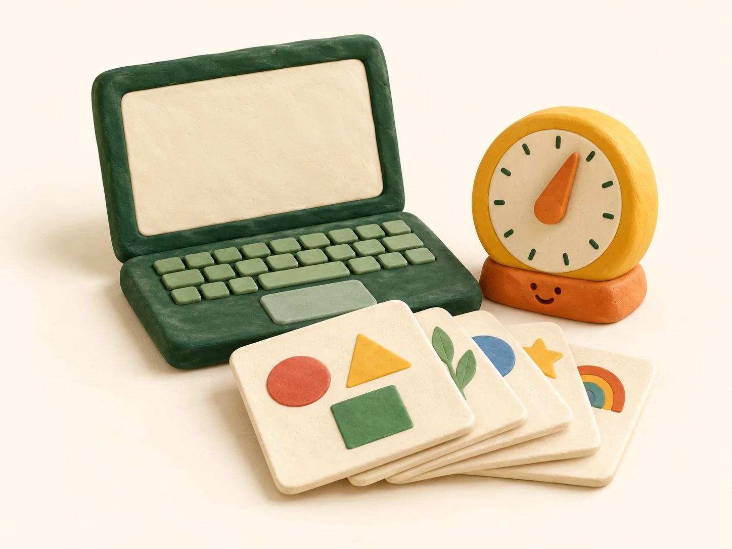 Original clay lesson-planning illustration with lesson cards, laptop and timer. A tiny smile is impressed into the timer base.
