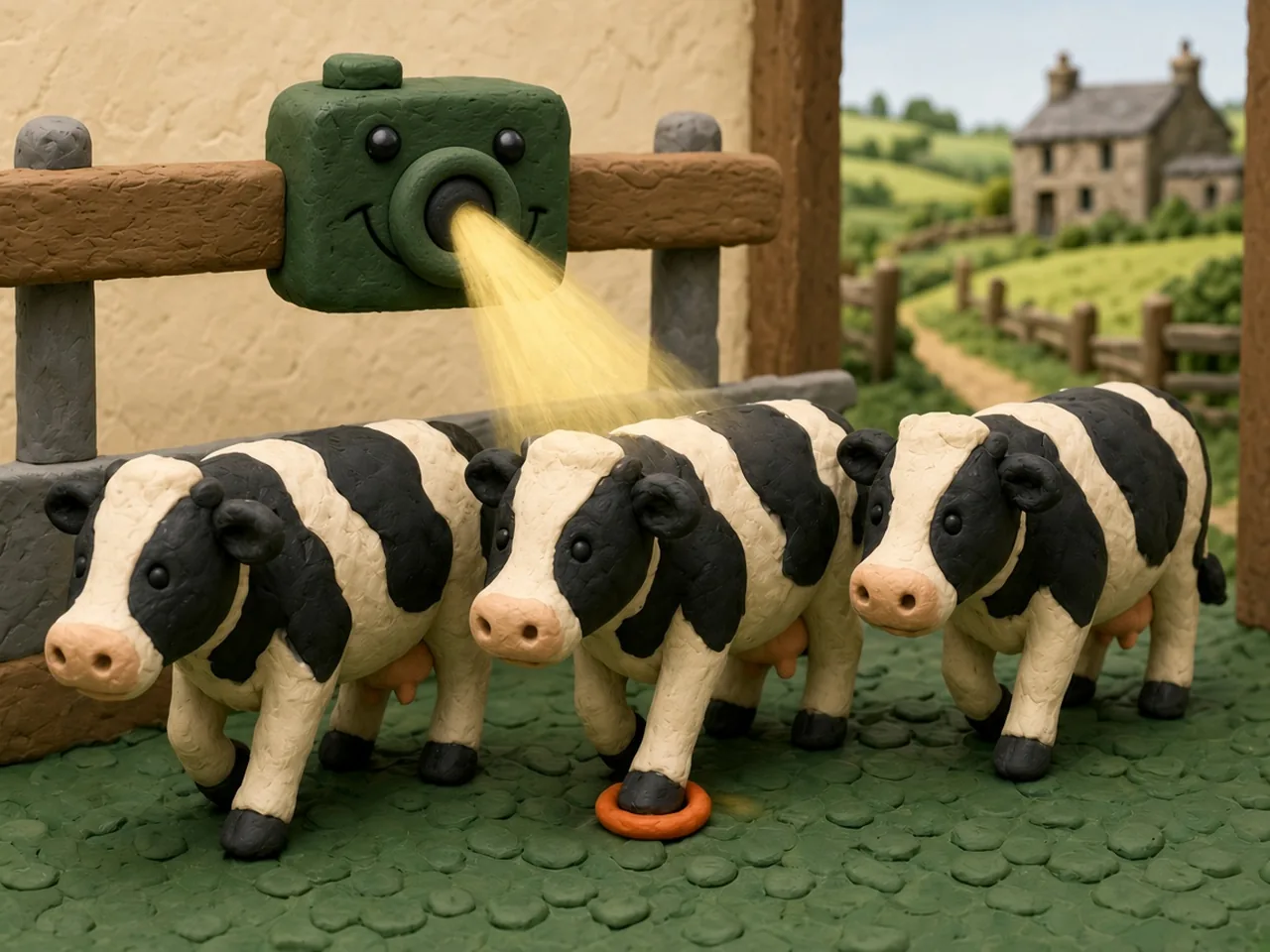 Clay illustration of three black-and-white dairy cows walking through a milking parlour lane while a smiling green camera on a wooden rail shines a yellow beam on the middle cow, with an orange ring around its front hoof and green fields and a stone farmhouse outside.