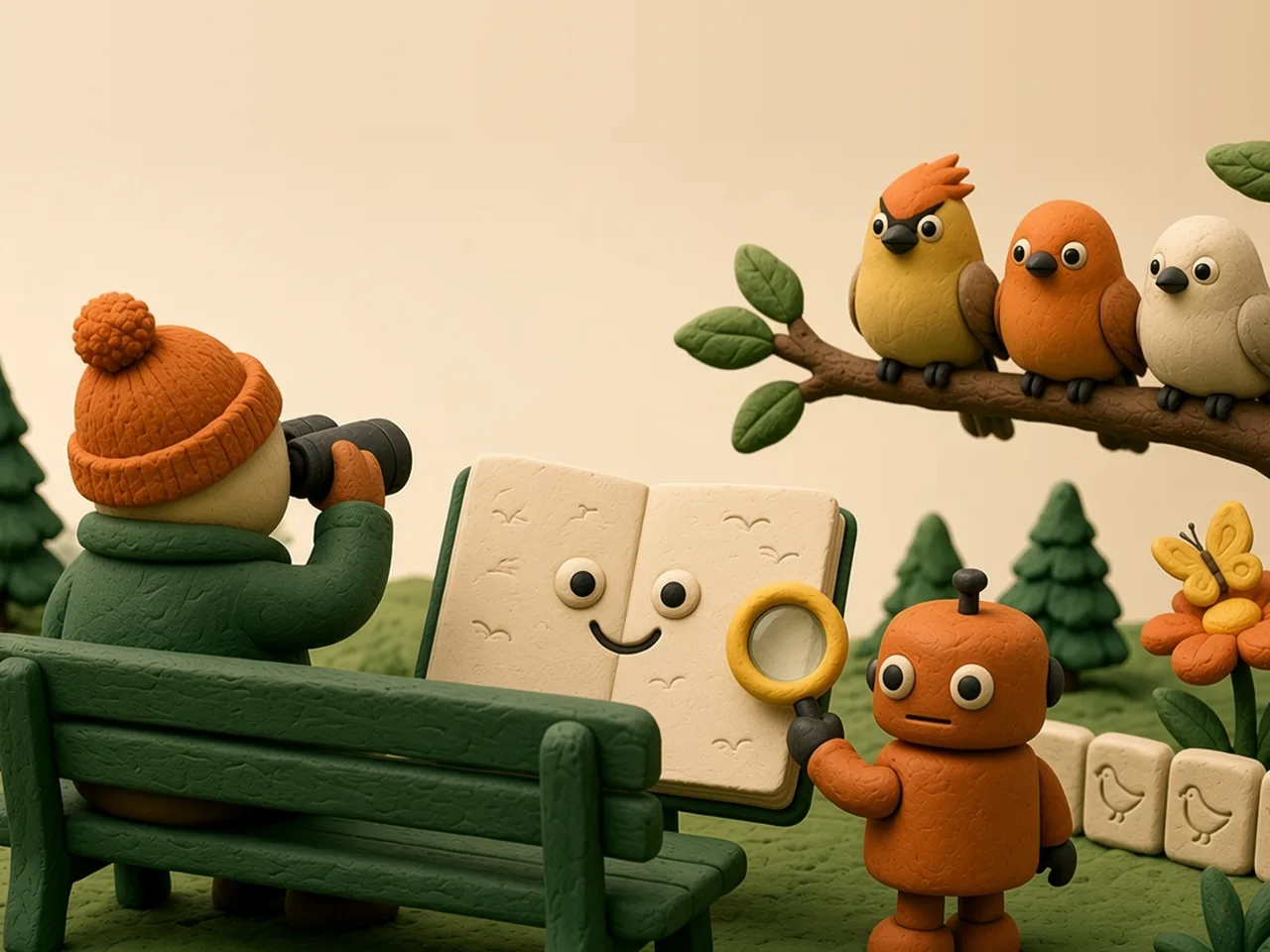 Clay stop-motion scene: a birdwatcher in an orange knit hat, seen from behind on a green park bench, looks through binoculars while an open cream notebook with eyes and a smile stands on the bench, a small orange clay robot reads it through a yellow magnifying glass beside a row of tiles stamped with bird shapes, and three clay birds sit together on a branch; conceptual illustration.