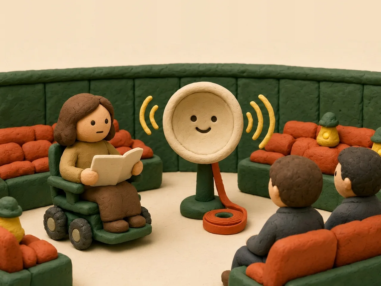 Clay stop-motion scene: in a cozy clay version of the House of Lords with rows of orange-red benches and forest-green wood panels, a calm clay woman in a forest-green power wheelchair sits at the end of a bench with her blank cream speech pages on her lap, while a small cream clay loudspeaker beside her, the only smiling face in the scene, sends soft yellow ribbon-shaped sound waves across the chamber; a little orange clay reel of old recording tape sits next to the speaker, and two clay peers on the bench opposite listen calmly; conceptual illustration.