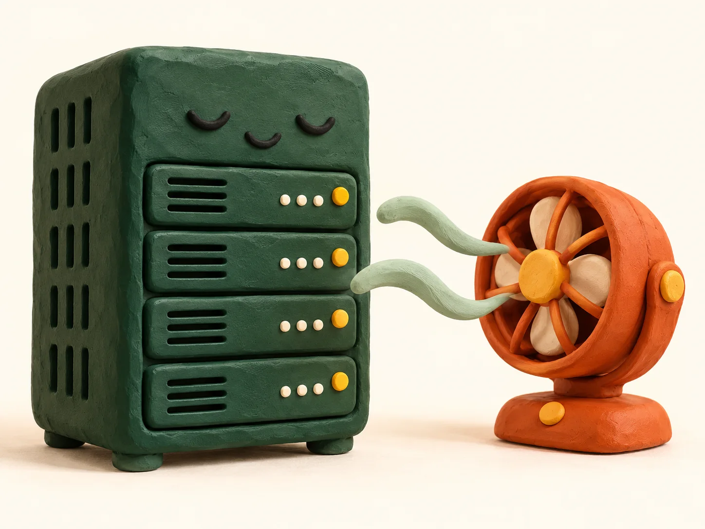 Clay forest-green server rack beside an orange cooling fan, illustrating a cooling tune-up.