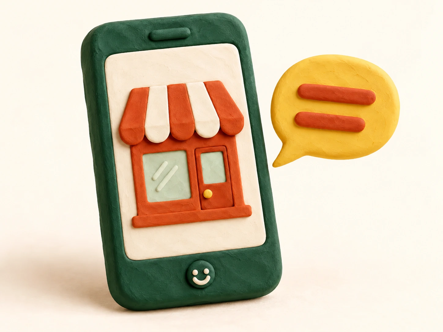 Clay smartphone showing an orange shopfront beside a yellow speech bubble, illustrating visual information described aloud.