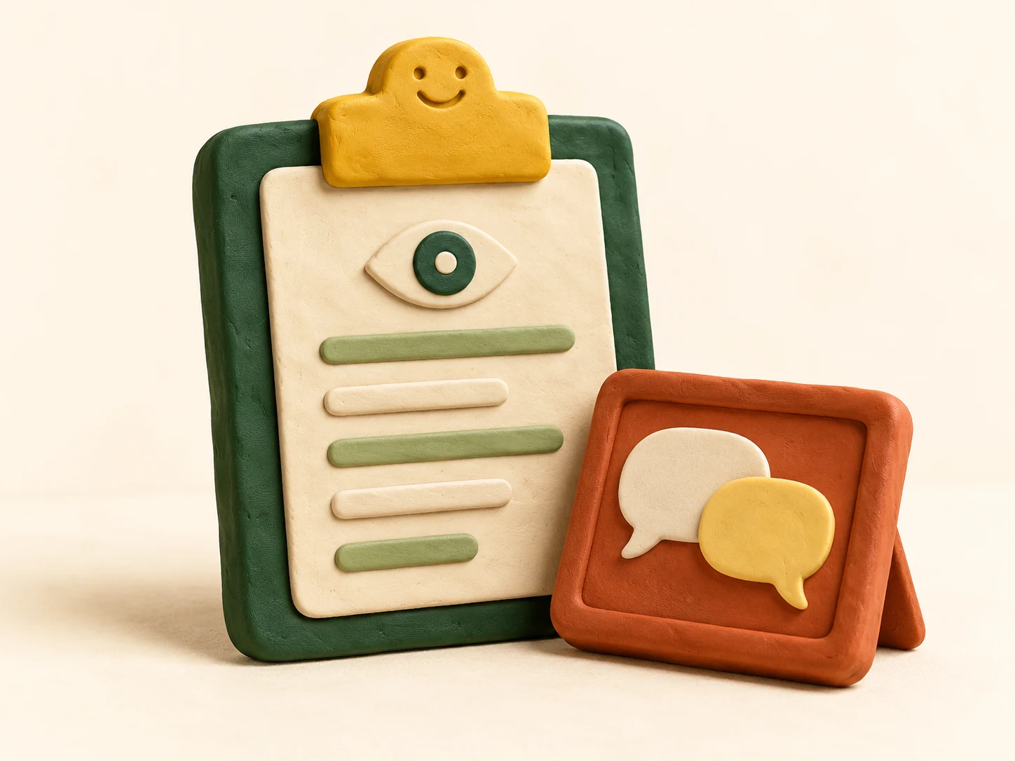 Conceptual handmade clay clipboard, tablet and eye symbol, with one little sculpted smile on the clipboard clip. Not a diagnostic image.