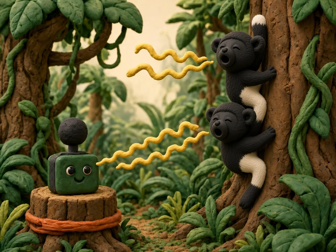 Clay stop-motion scene: a lush clay rainforest of chunky green leaves and vines under a misty cream sky; two black-and-white clay indri lemurs cling to a tall tree trunk on the right with heads tipped up, eyes closed and mouths open in song, while wavy yellow clay sound ribbons float across to a small square forest-green clay audio recorder with a round black microphone, sitting on a stump tied with an orange band; the recorder is the only smiling face, with two bead eyes and a gentle smile; conceptual illustration.