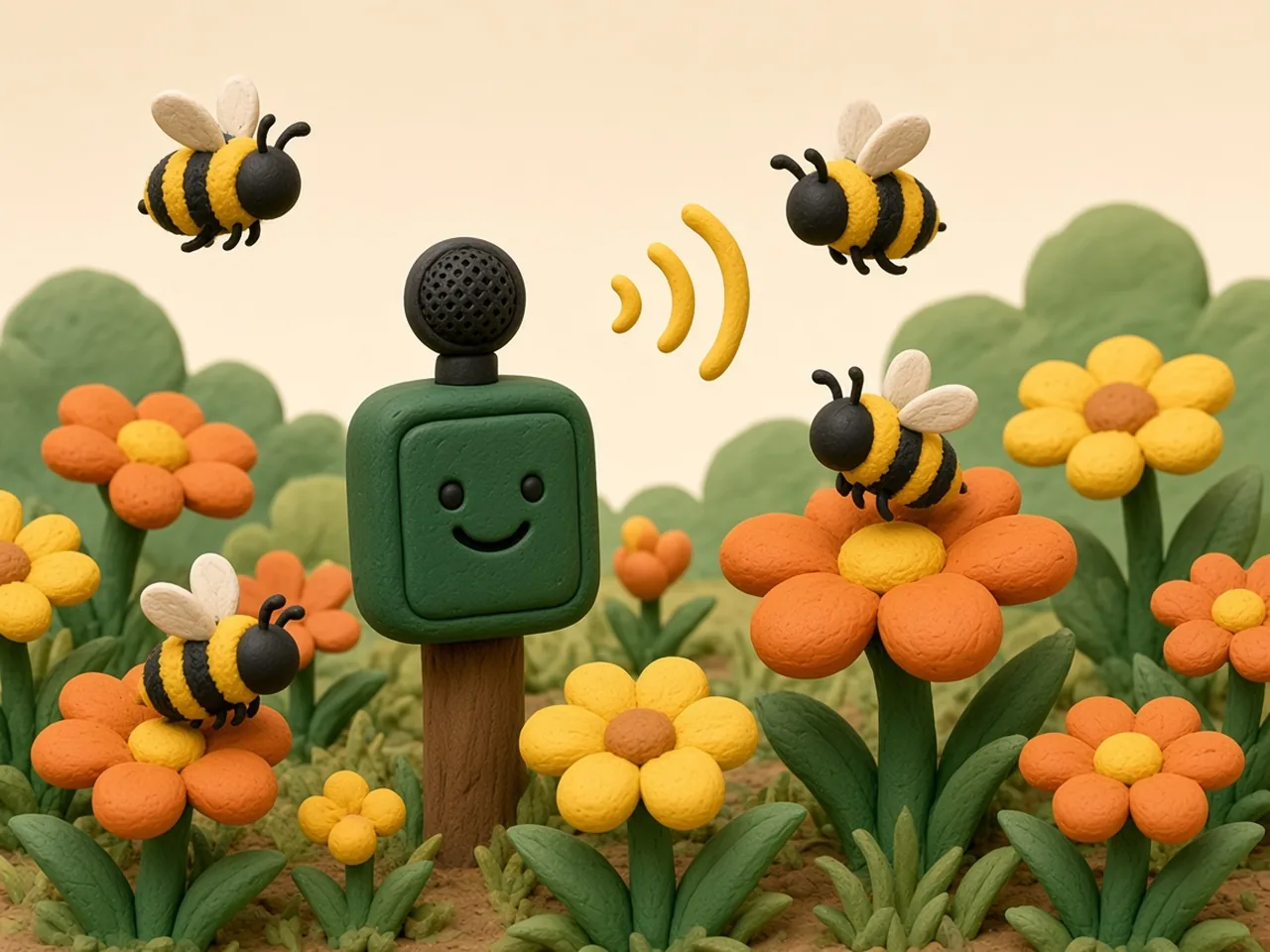 Clay stop-motion scene: a sunny clay meadow of chunky yellow and orange flowers under a cream sky, where four small faceless striped clay bees fly and rest on blossoms; on a wooden stake among the flowers stands a small square forest-green clay audio recorder with a round black microphone on top, the only face in the scene, with two little eyes and a smile, while soft yellow clay sound ripples float in the air beside it; conceptual illustration.