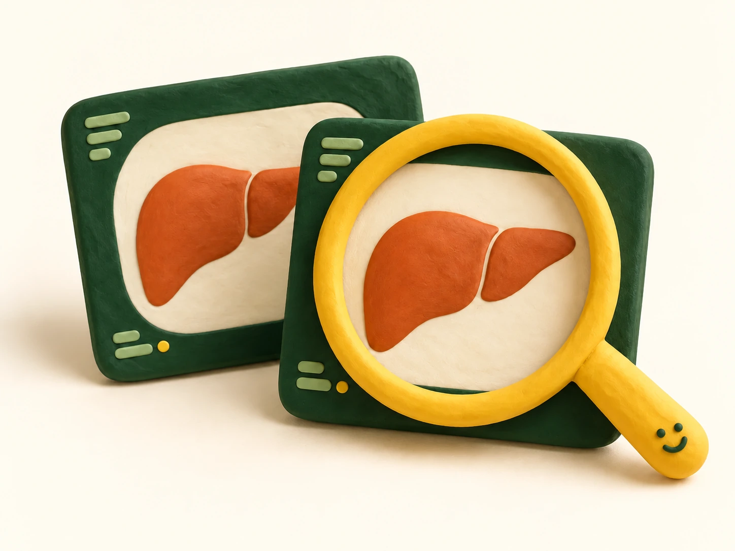 Conceptual clay liver illustrations on two scan-style panels with a yellow magnifying glass; not diagnostic images.