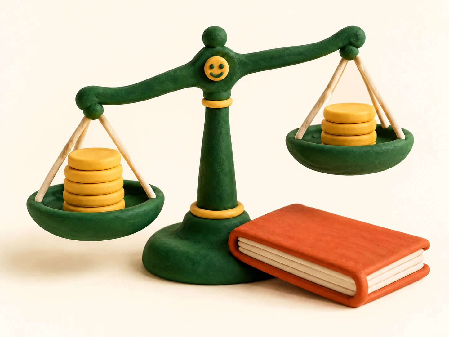 Clay balance scale with yellow coins beside an orange book, a metaphor for practicing finance.