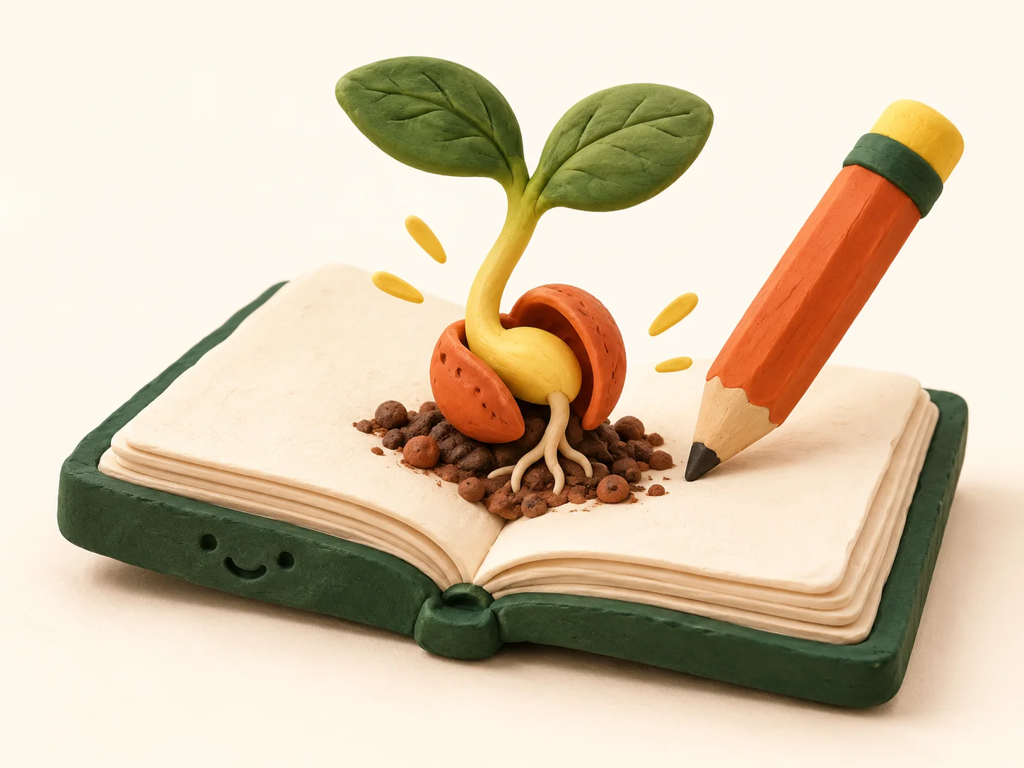 Playful clay book and orange pencil with a seedling growing from the pages, a metaphor for science learning.