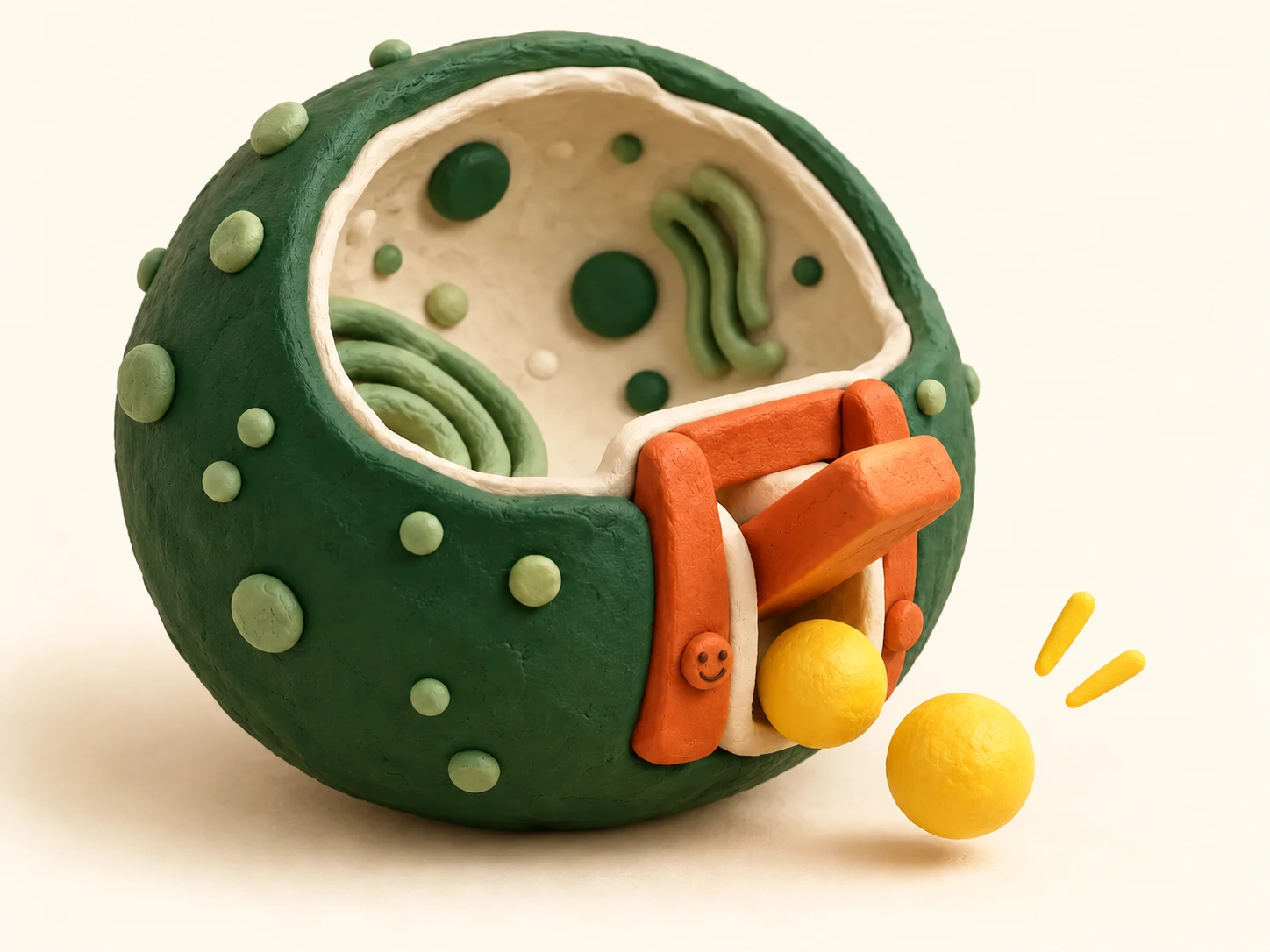 Conceptual clay cell with an orange transport gate and small yellow cargo spheres; not a scientific micrograph.